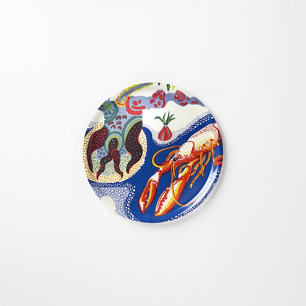 New Svenskt Tenn Sweden Josef Frank Textile Fabric Wood Round Serving Tray Lobster Dinner 12" Home Kitchen Decor Mid Century Modern Gift