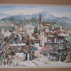 Jaime Oates Listed Mexican Taxco Artist Watercolor Painting Landscape Framed Latin American Wall Decor Cityscape image 1