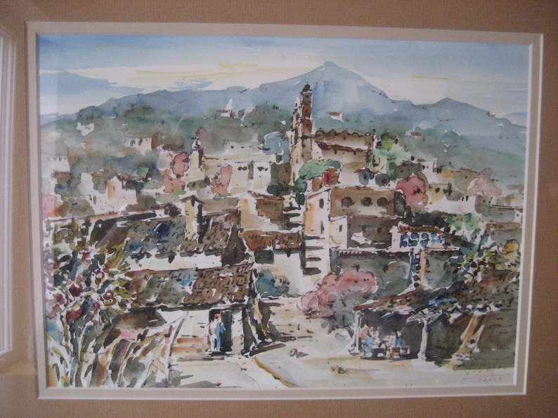 Jaime Oates Listed Mexican Taxco Artist Watercolor Painting Landscape Framed Latin American Wall Decor Cityscape image 1