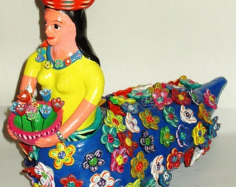 LOCAL PICKUP ONLY Huge Clay Mermaid Sculpture Gerardo Ortega Mexican Folk Art Pottery Handmade Figurine Decor Latin America Flowers Ocean