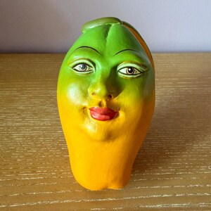 Vintage Mexico Mexican Folk Art Studio Pottery Papaya Sculpture Figurine Fruit Head Face Anthropomorphic Home Kitchen Decor Unique