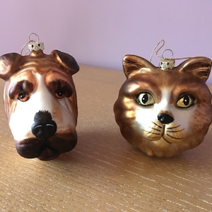 Pair (2) Vintage Christmas Glass Ornaments Cat & Dog Animal Gift Unique Holiday Decor