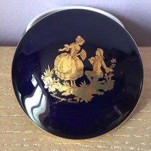 LIMOGES CASTEL France Cobalt Blue Gold Porcelain Jewelry Trinket Box Vanity Decor Gift Courting Couple
