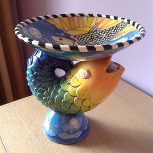 DaNisha Fish Sculpture Bowl Vase 10&quot; x 10&quot; Ceramic Art Studio Pottery Piece Ltd Ed Ocean Beach Decor