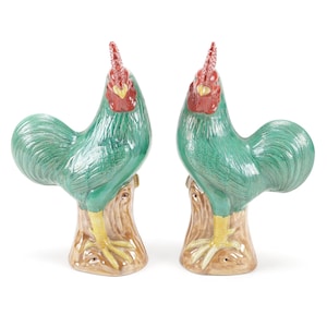 Pair (2) Chinese Vintage Antique Ceramic Pottery Rooster Figurines Sculptures Asian Home Decor Country 12” Tall
