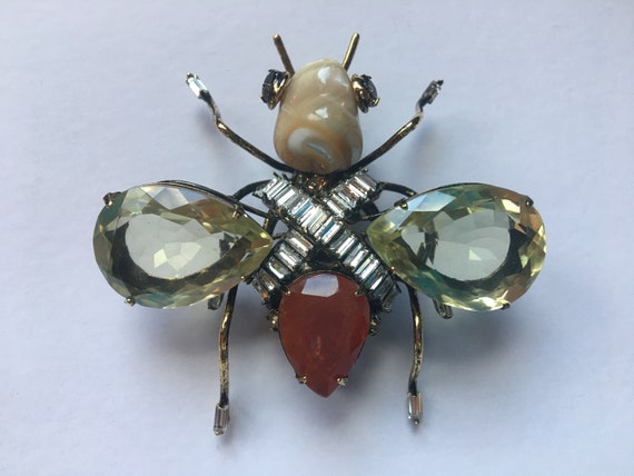 Vintage Silver Tone Rhinestone Pink Bee Insect Bug Beetle Brooch Broach Pin 
