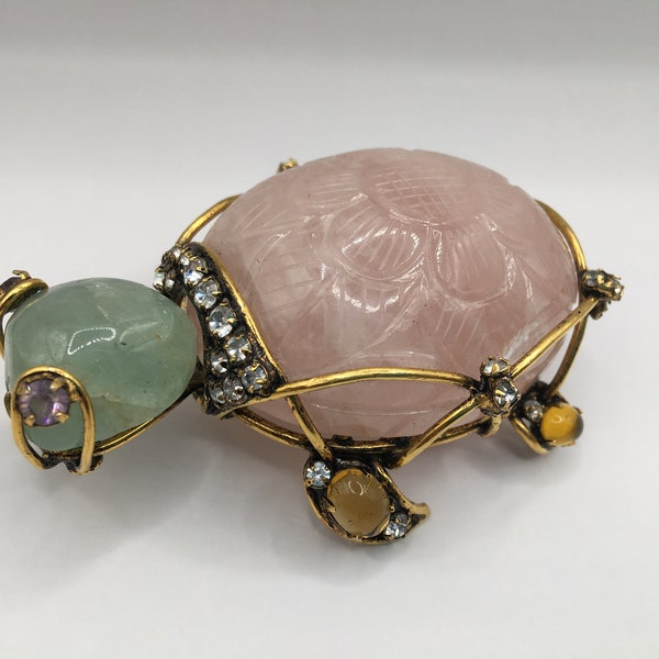 IRADJ MOINI Vintage Costume Statement Jewelry Large Huge Sea Turtle Gem Gemstone Brooch Pin Pink Quartz Crystals Ocean