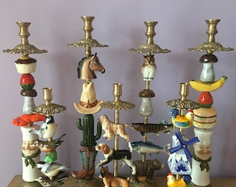 OOAK Candlestick Candleholder Brass Ceramic Vintage Salt Pepper Shakers Unique Handmade Sculpture Home Decor Assemblage Curiosity