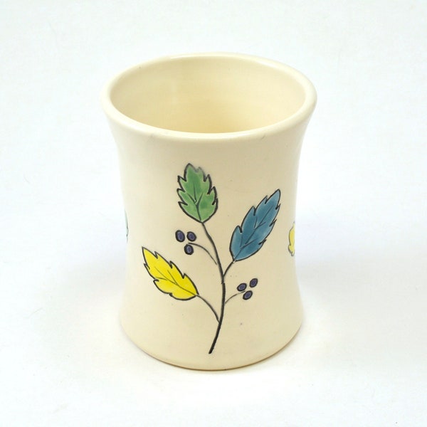 Pottery Pencil Holder, Small Vase, Paint Brush Holder, Small Utensil Holder, Handmade Wheel Thrown Pottery with Hand Painted Leaves