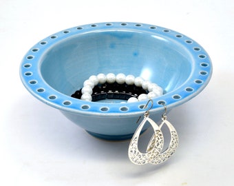 Jewelry Bowl Earring Holder Handmade Wheel Thrown Pottery Jewelry Storage Organizer Sky Blue