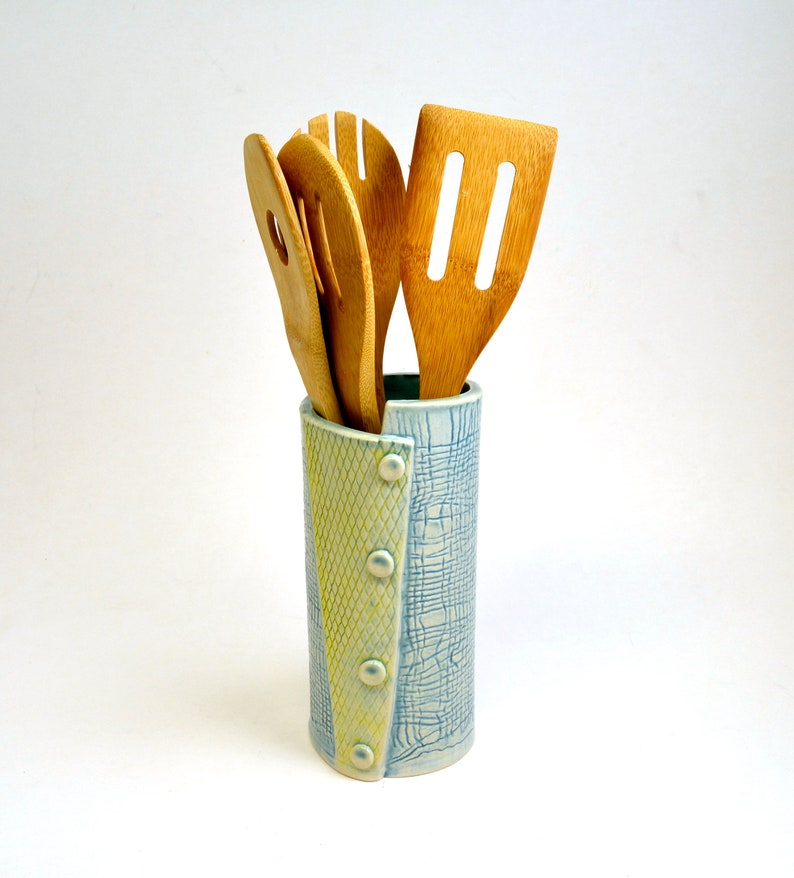 Hand Built Pottery Vase / Utensil Holder Textured Stoneware Etsy