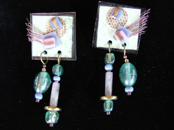 Vintage 1980 Mixed Media Earrings Artisan Made  P… - image 1