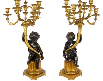 Candelabra | Lamps | Bronze Sculptures | Pair of French Bronze Antique Sculpture Figural Candelabra Lamps