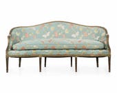 English Antique George III Period Green Painted Canapé Sofa 18th Century Settee Upholstered and Hand Carved Loveseat