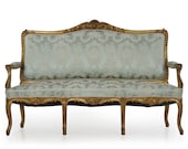 Antique French Sofa Settee Louis XV Style Carved Giltwood Blue Silk Damask, 20th Century
