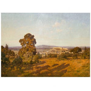 May include: An oil painting depicts a sunlit landscape with a distant fortress. The foreground features a field of golden grass and trees casting long shadows. The sky is a pale blue with a few clouds, and the overall scene evokes a sense of tranquility.