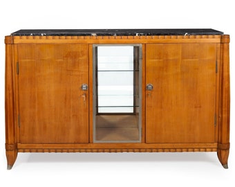 French Art Deco Cherry, Nickel and Marble Sideboard Credenza Cabinet
