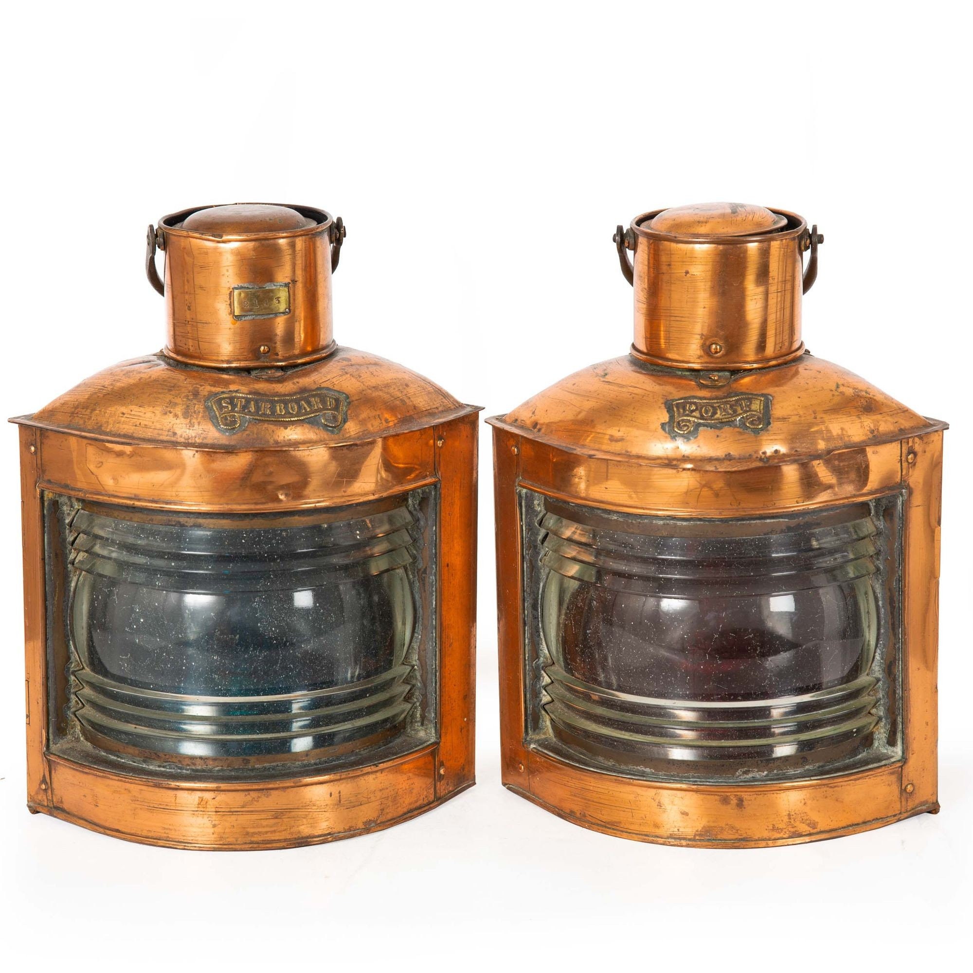 Authentic Antique Pair of English Copper Ships Starboard Port