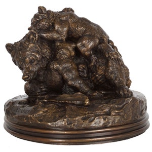 French Antique Bronze Sculpture of Mother Bear and Cubs by Paul Eduoard Delabrierre