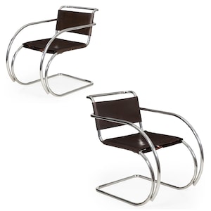 Pair of Vintage 1970s Mies van der Rohe MR20 Leather and Chrome Armchairs