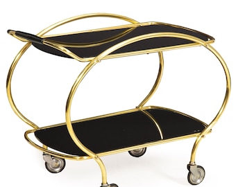 Mid-Century Brass and Black Glass Two-Tier Serving Bar Cart ca. 1950s