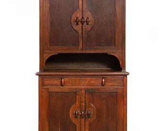 English Arts & Crafts Oak Two-Part Step Back Cupboard Cabinet c. 1920