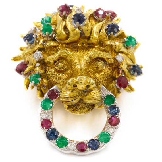 Vintage Finely Sculpted 18K Gold Gemset Lion Broo… - image 2