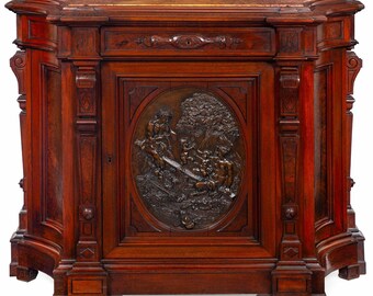 Renaissance Revival Walnut and Marble Cabinet w/ Bronze Clodion Plaque