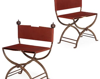 Antique Pair of Wrought-Iron and Leather Savonarola Chairs, early 20th century