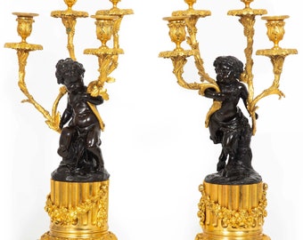 Pair of French Antique Four-Light "Satyr & Bacchante" Candelabra after Clodion