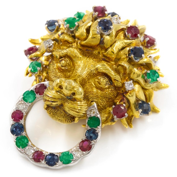 Vintage Finely Sculpted 18K Gold Gemset Lion Broo… - image 1