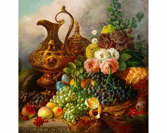 English Still-Life Antique Painting of Fruits and Flowers by W.E.D. Stuart ca. 1853