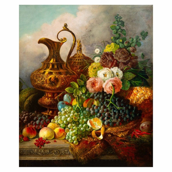 English Still-Life Antique Painting of Fruits and Flowers by W.E.D. Stuart ca. 1853