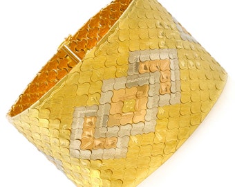 French Retro 18k Gold Honeycomb Geometric Strap-Bracelet circa 1950s