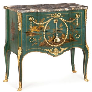 May include: A teal-colored antique chest of drawers with a marble top. The chest features gold accents, ornate carvings, and a hand-painted landscape scene on the front. The drawer pulls are gold rings. The legs are curved.