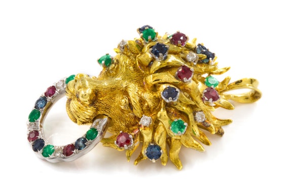 Vintage Finely Sculpted 18K Gold Gemset Lion Broo… - image 5