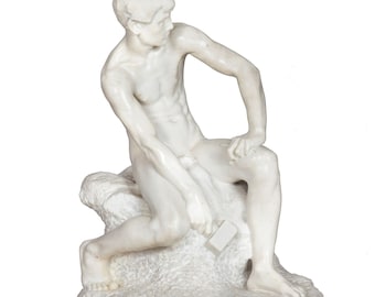 Italian Carved Carrara Marble Art Deco Sculpture of “Stone Carver” by Barsanti