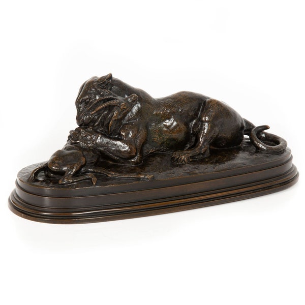 French Bronze Sculpture “Tiger Devouring Gazelle” after Antoine-Louis Barye