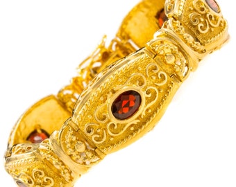 Vintage Etruscan Revival Style 14k Yellow Gold and Garnet Bracelet