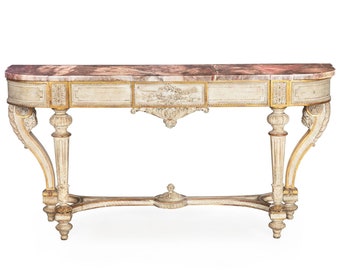 French Louis XVI Style White Painted and Parcel-Gilt Violet Marble Console Table
