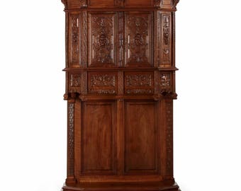 Antique French Gothic Revival Intricately Carved Walnut Cupboard, circa 1880