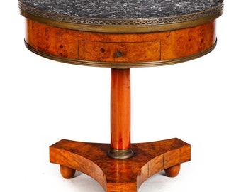 French Charles X Antique Burlwood Marble Drum Top Side or End Table