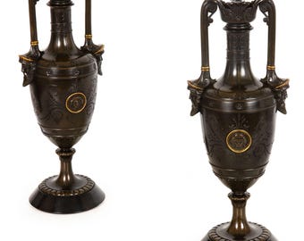 Pair of Neo-Greco Bronze and Marble Urns Vases with Candlestick circa 1880
