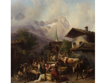 An Alpine Village Antique Landscape Painting by Joseph Heinrich Marr (German, 1807-1871)