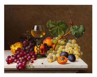 German Realist Still-Life Painting of Fruits and Wine by Gottfried Schultz
