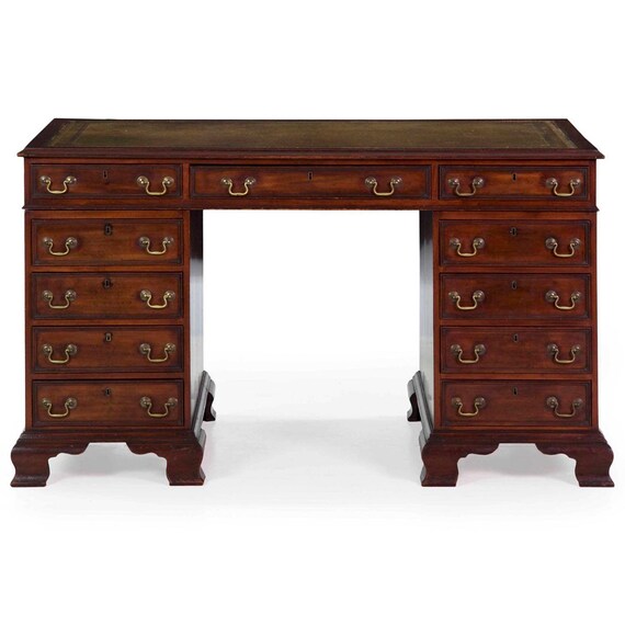 English Georgian Style Mahogany Leather Top Antique Pedestal Writing Desk Circa Late 19th Early 20th Century