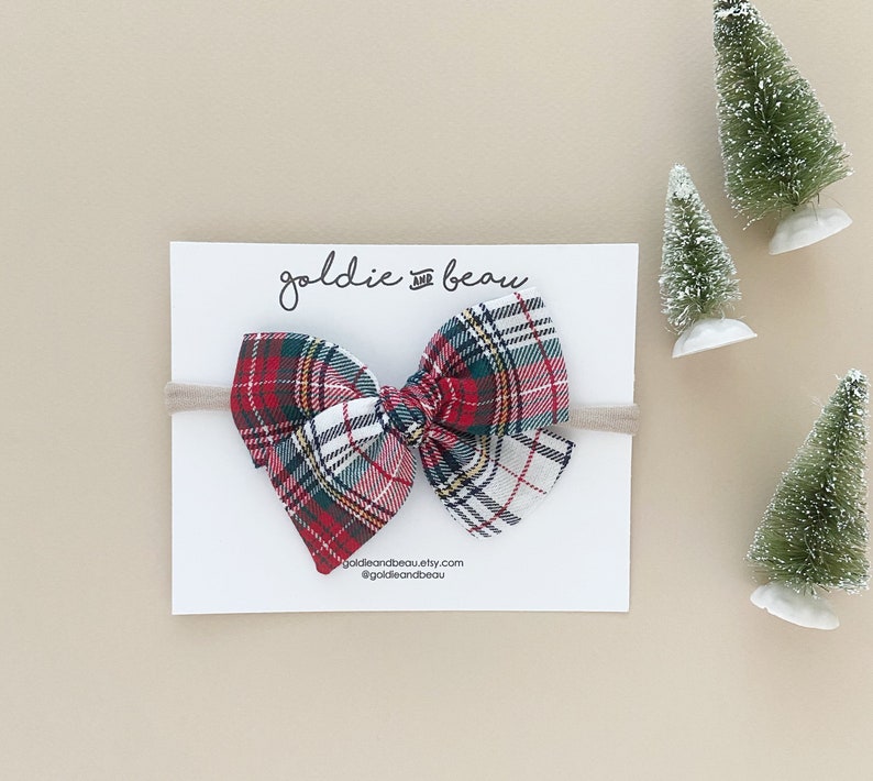 Christmas hair bow \u2022handtied hair clip\u2022red plaid hair bow\u2022\u2022hand tied hair bow\u2022\u2022Christmas plaid headband