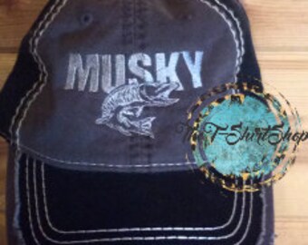 Musky Muskie Gray Black Distressed Hat Cap