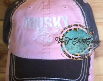 Musky Muskie Pink Gray/Brwn Distressed Hat Cap