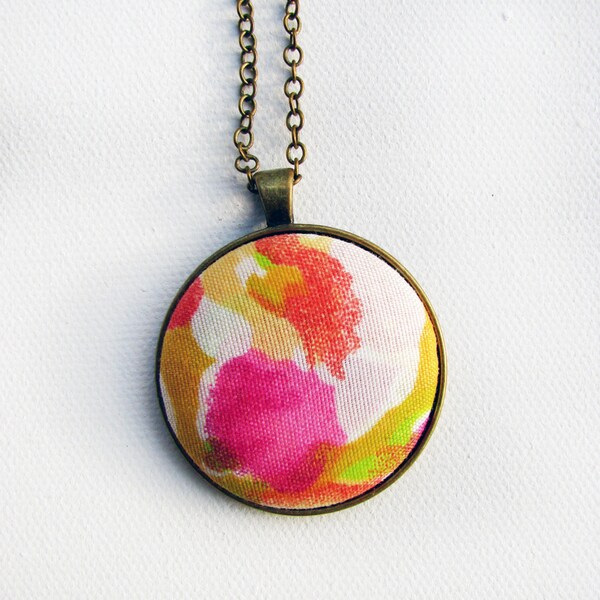 Fabric button Long Pendant Necklace - Fire Tie Dye Print Fabric